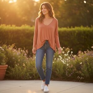 Lush Coral Relaxed Flowy Drop Shoulder 3/4 Sleeve V-Neck Tee